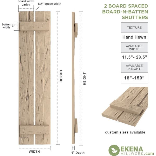 Rustic Two Board Spaced Board-n-Batten Hand Hewn Faux Wood Shutters, 11 1/2W X 34H